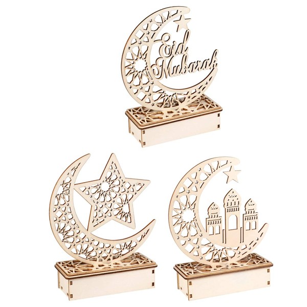 Mobestech 3PCS Ramadan Mubarak Eid Decorations Wooden Moon Star Lights Table Top Ornaments for Home Party Supplies, Three Patterns
