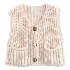 KEOMUD Women Sleeveless Crop Knit Cardigan Vest Casual Cropped Button Down Open Front Sweater Vest with Pockets Beige Medium
