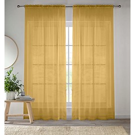 Enhanced Living Gold Voile Curtains for Living Room Panel Pair - 57 Wide x 48 Drop - Plain Woven Slot Top Sheer Curtains (57"x48") 145x122cm