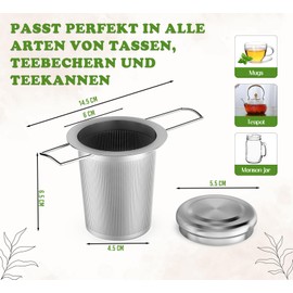 HiTeax Pack of 2 Tea Strainer for Loose Tea, Ideal for Soaking and Brewing. Fine Mesh 304 Stainless Steel Tea Strainer with Lid and Sturdy Folding Handles. Rustproof Tea Strainer for Cup Pots