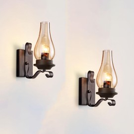 TIGKHAE Rustic Wall Sconces Sets of 2, Black Hardwired Farmhouse Wall Sconce Indoor, Retro Wall Lamps with Amber Glass, Vintage Bedside Sconces Wall Lighting Lantern for Living Room Bathroom
