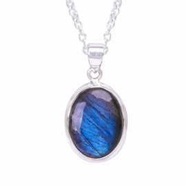 GEMKORA Natural Real Labradorite Crystals Bezel Oval Pendant Necklace, Polished Birthstone, Healing Cabochon Gemstone, Birthday, Christmas Day Gift Jewellery, 925 Sterling Silver Jewellery 18 inch