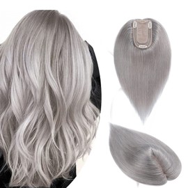 S-noilite Hair Toppers for Women Real Human Hair Topper No Bangs 100% Remy Human Hair Toppers Wigs Clips in Hair Pieces for Thinning Hair/Hair Loss(6 Inch,#Grey)