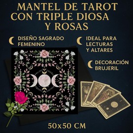 Mantel de Tarot 50x50 cm con Triple Diosa y Rosas – Altar Wicca, Lectura y Decoración Bruja