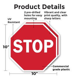 Stop (2 Pack) 10 inch X 10 inch Octagon Plastic Sign Weather Resistant, UV Protected for Workplace, Private Property, and Construction Site, Made in the USA