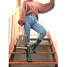 LISHAN Women's Crocodile Skin Colored Mid-calf Chunky Heel Gogo Snakeskin Pointed-toe Boots Fashion Daily Wearing Party Costume Shoes 4in High Heels Emerald Green Size 7