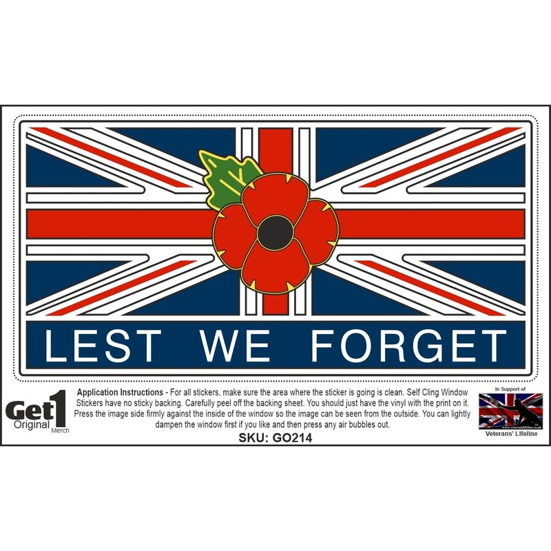 Poppy Car Window Sticker with Union Jack Lest We Forget