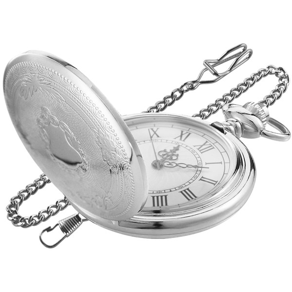 Realpoo Silvery Smooth Shield Round Case Quartz Pocket Watch ，Roman