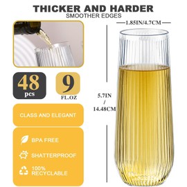Lueumxc 48 Pack Plastic Ribbed Champagne Flutes, 9 Oz StemlessDisposable Clear Plastic Toasting Glasses Shatterproof Recyclable and BPA-Free Perfect For Wedding