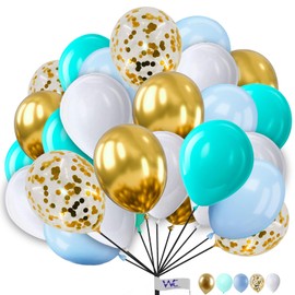 Plain Round Balloons 10 Inch White Aqua & Gold Light-Blue Balloons with Gold Confetti for Birthday Decorations Pack of 25 Latex Balloons for Kids Party Baby Shower Engagement Wedding Party.