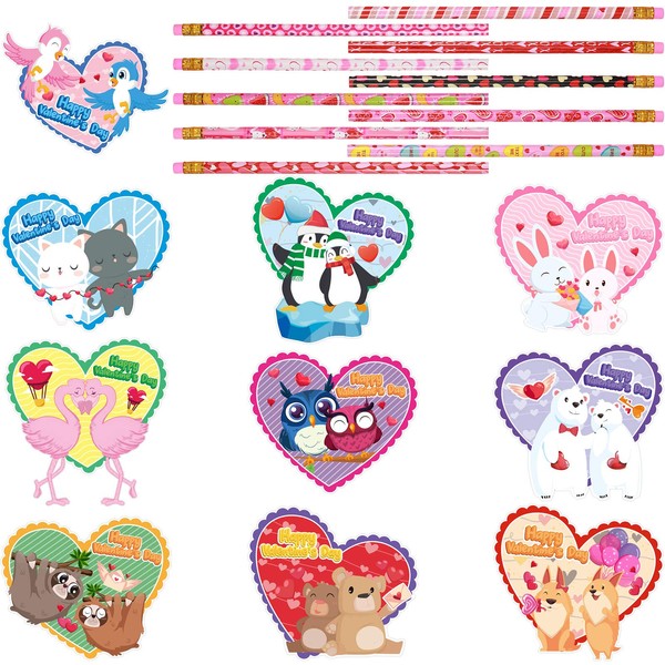 Zonon 40 Pieces Valentines Day Cards Heart Shaped Greeting Cards and Valentine Pencils, Valentines Day Party Favor for Kids, Valentine Exchange Treats for School Classmate, 10 Designs