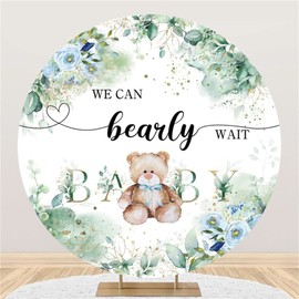 Leyiyi 7.5x7.5ft Cute Bear Baby Shower Round Backdrop Cover We Can Bearly Wait Baby Photography Background Watercolor Blue Floral Green Leaves Backdrop Newborn Birthday Party Decor Photo Booth Props