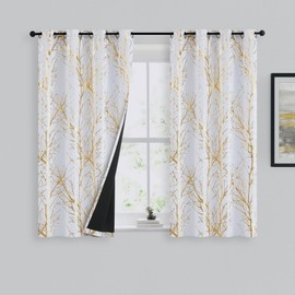 FMFUNCTEX 100% Blackout Curtains Gold White Foil Branch Curtains for Bedroom, Curtains 54 Inch Length Tree Curtains for Small Windows, Thermal Curtain Panels for Living Room, 2 Panels Grommet Top