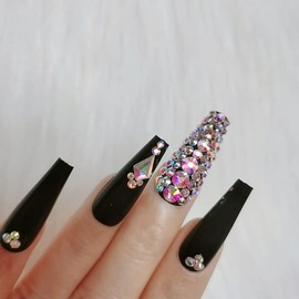 ZYBUXY Long Coffin Fake Nails full drill Glitter Art Acrylic False Nails Tips Ballerina Black press on nails for Women and Girls