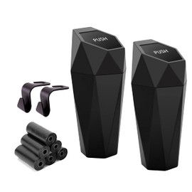 Ginsco Car Trash Can Cup Holder, 2 Pack Mini Trash Can with Lid, Leakproof Small Trash Cup for Car, Home with Additional 2 ABS Hooks and 90pcs Trash Bags Black