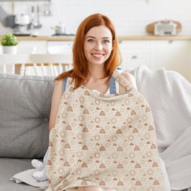 MEXXI Muslin Nursing Covers for Breastfeeding, Breastfeeding Cover with Arch Neckline for Mom,100% Cotton Breathable and Lightweight Privacy Nursing Apron (Beige)