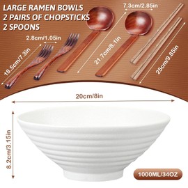 YTLEMON Ramen Bowls Set of Ceramic, 2 Sets of 34 Ounces Large Japanese Serving Bowls with Chopsticks and Spoons Forks for Pho, Dinnerware for New Apartments Suitable as Housewarming Gifts(Pure White)