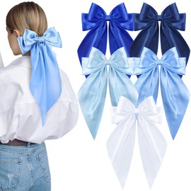5 Pcs Blue Hair Bows for Women, Blue Bow Hair Clips Silky Satin Large Hair Bows for Girls, Blue Long Tail Hair Ribbon Blue Hair Accessories for Girls