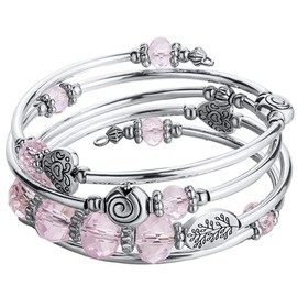 PEARL&CLUB Bead Crystal Wrap Bangle Bracelet - Fashion Jewelry Beaded Bracelet with Silver Metal, Gifts for Women(23-Pink)