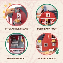 Terra by Battat - Wooden Animal Barn Toy Set with 20 Pieces - Farm Animals Toys for Kids 3-5 Years - Foldable Roof, Hay Bales, Pulley & Fences - Screen-Free Toddler Toys for Pretend Play