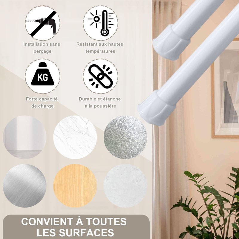 VEGCOO 2 x Extendable Curtain Pole 30-50 cm No Drilling
