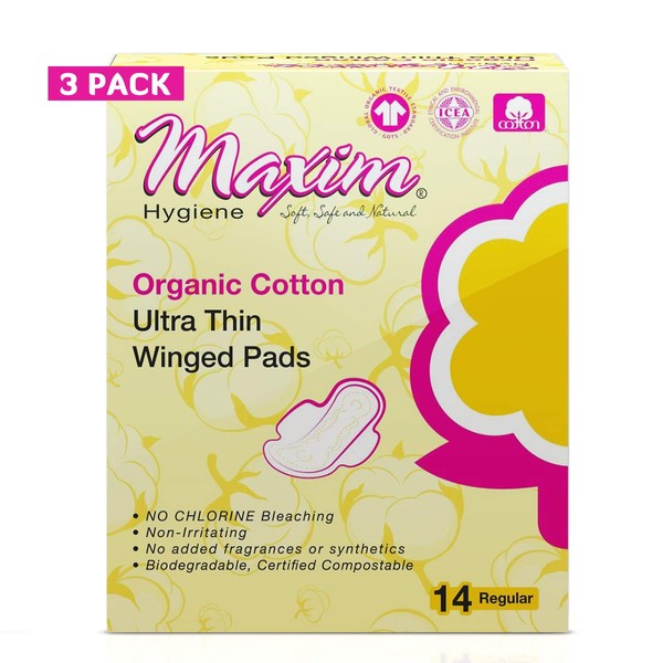 Maxim Ultrathin Winged Cotton Organic Maxi Pads, Daytime/Reg, 42 ct, Wrapped, No Chlorine/Dioxin/Chemical/SAP, ICEA Approved, Biodegradable Breathable Hypoallergenic, Cotton Pads, 3 Packs of 14