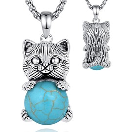 INFUSEU Crystal Cat Pendant Necklace, Turquoise Spherical Crystals Necklace with Cat Healing Animal Jewelry Gothic Crystal Gift for Women and Girls