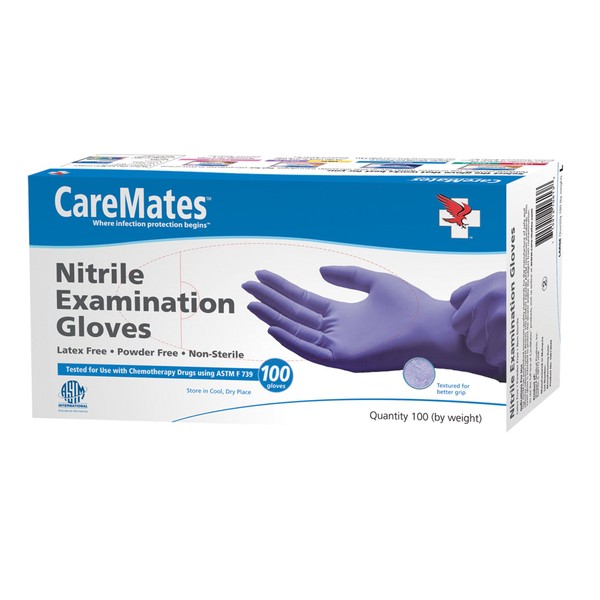 Caremates Nitrile Exam, Powder Free Glove, Medium, 100-count