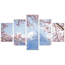 CREATCABIN 5 Pieces Canvas Wall Art Cherry Blossom Flower Prints Oxford Cloth Snow Mountain Spiritual Hanging Wall Decor Modern Artwork Painting for Home Office Gallery Unframed 53 x 29.5 Inch