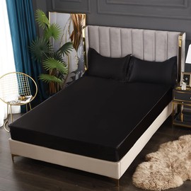 Treeflyheart Fitted Sheet Satin Silky Cool Feel About 30cm Deep Pocket Sheet Bed Cover (Double Black 55.1 x 78.7 x 11.8 inches (140 x 200 x 30 cm)