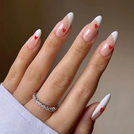 Almond Press on Nails French Tip 24Pcs Glossy Full Cover Medium Acrylic False Nails with Red Heart Designs Natural Artificial Fake Nails Set with Glue Stick on Fingernails for Women Girls
