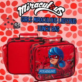 Miraculous Lunch Bag for Girls Red Ladybug Lunch Box with Moveable Sequins School Travel Insulated Lunchbag with Drinks Holder