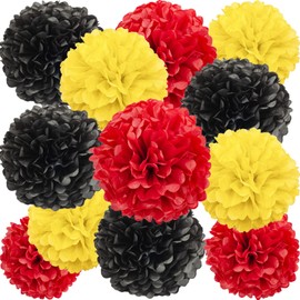 Black Red Yellow Paper Pom Poms Decorations for Boys Girls Birthday Decoration Ceiling Wall Hanging Tissue Flowers Decorations 12pcs,3 Colors