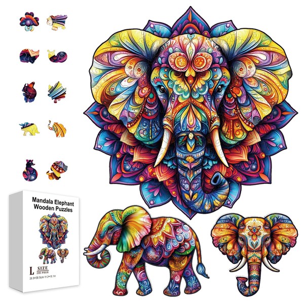 GLOBLELAND 200 Pieces Mandala Elephant Puzzle Wooden for Toddlers Learning