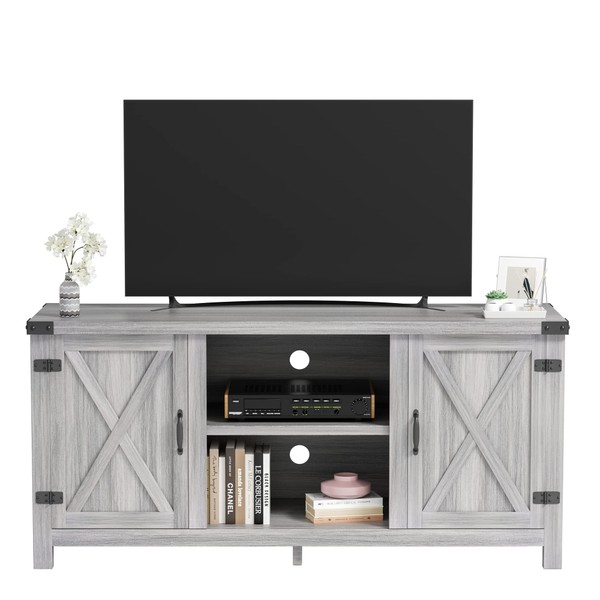 JUMMICO Modern TV Stand with Double Barn Doors Storage Cabinets for TVs to 65+ Inch, Farmhouse TV Entertainment Center 58 Inch TV Table for Living Room (Grey, Without Fireplace)
