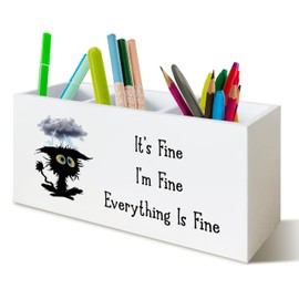 UNCDLV It's Fine I'm Fine Everything is Fine Funny Cat Pen Holder for Desk, Funny Desk Accessories for Work, Sarcastic Office Humor Gifts Wooden Pen Pencil Holder Organizer for Office