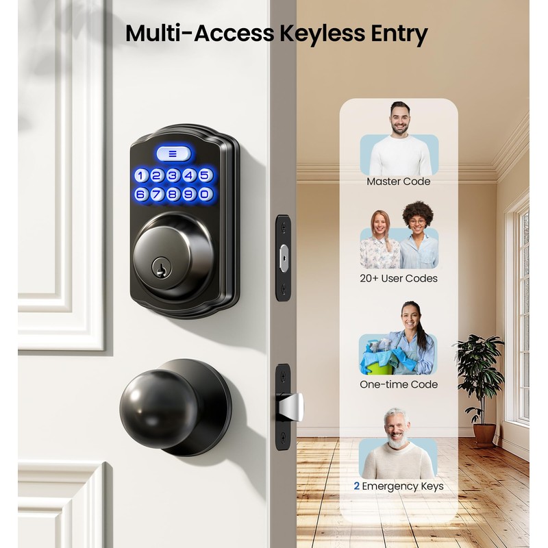 Veise Keyless Entry Door Lock with 2 Knobs, Electronic Backlit