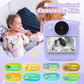 CalineGam Children's Camera Instant Camera 48MP Instant Camera Children with 32GB Card & Printing Paper, 1080P Digital Camera Children, Gifts for Boys and Girls 3-12 Years (Purple)