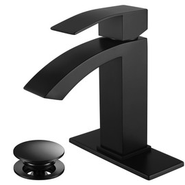 Jodulos Waterfall Bathroom Faucet for Sink, Matte Black Bathroom Faucet Single Hole with cUPC Supply Hose and Pop Up Stopper, Single Handle Vanity Faucet with 6 inch Deck Plate