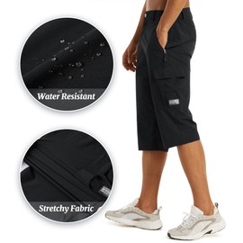 EKLENTSON Men's Shorts with 5 Pockets 3/4 Length Cargo Shorts Elasticated Waist Summer Quick Dry Hiking Walking Work Long Shorts Below Knee Black,32