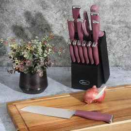 Oster Langmore 15 Piece Stainless Steel Cutlery Knife Block Set W/Black Box – Purple