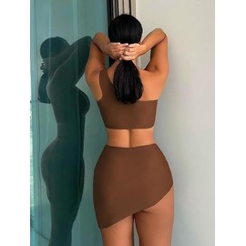 Women's Bikini Sets 3 Piece Bathing Suits One Shoulder Swimsuits with Cover Up Skirt (Brown, M)