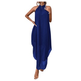 Verdusa Women's Flowy Halter Neck Sleeveless Asymmetrical Hem Maxi Long Dress Royal Blue Medium