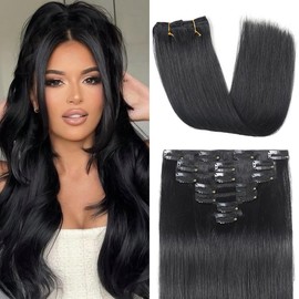 Clip in Hair Extensions, 7Pcs 18 Inch Straight Human Hair Extensions, #1 Jet Black Extensions Real Human Hair, 95g Double Weft Invisible Seamless Real Hair Extensions Clip in Human Hair