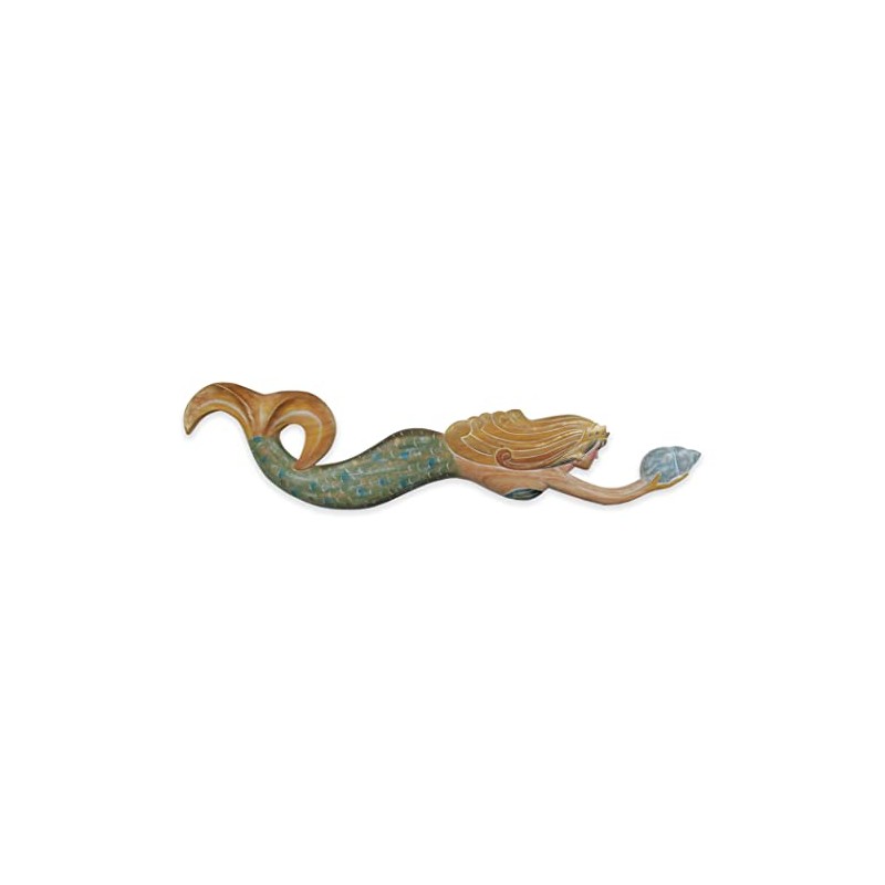 T.I. Design Hand Carved Swimming Mermaid Holding Seashell
