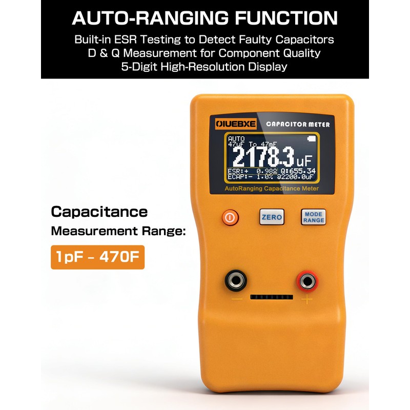 CapMaster 470F Capacitor Tester, ESR Estimate, 0.01pF–470F Auto Range