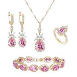 Clearine Wedding Teardrop Marquise Necklace Earrings Tennis Bracelet Ring Set, Pink Cubic Zirconia Gold Bridal Jewellery Set for Bride Bridesmaid, Christmas Valentine Mothers Day Prom Jewelry Gift