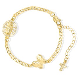 J&H DiaJuvelo Virgin Mary Bracelet Religious Catholic Bracelet for Women Confirmation Adjustable 14k Gold Plated Cross Bracelet Virgen de Guadalupe for Trendy Jewelry Gifts