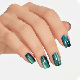 JMEOWIO Gel Nail Stickers Green Cat Eye Semi Cured Gel Nail Strips Wraps UV/LED Nails Art Design Decoration Accessories