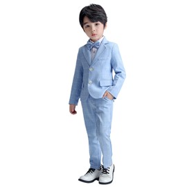LOLANTA Little Boys Suit Wedding Ring Bearer Outfit Kids Suit Set, Plaid Blazer Suit Pants Bow Tie (Blue 2T-3T)
